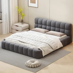 Lit double 140x190 cm - Lit classique avec dossier moelleux - Lin - Sans Matelas - Gris