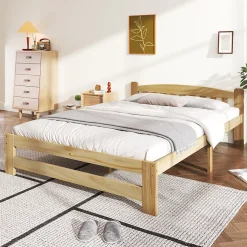 Lit double 140x200 cm - Lit classique avec tête de lit et sommier à lattes - Pin - Sans matelas - Naturel