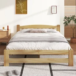 Lit double 140x200 cm - Lit classique avec tête de lit et sommier à lattes - Pin - Sans matelas - Naturel