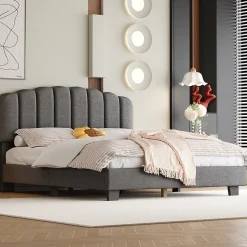 Lit Double 140x200 cm - Lit Classique avec Tête de Lit Réglable - Lin + MDF - Sans Matelas - Gris
