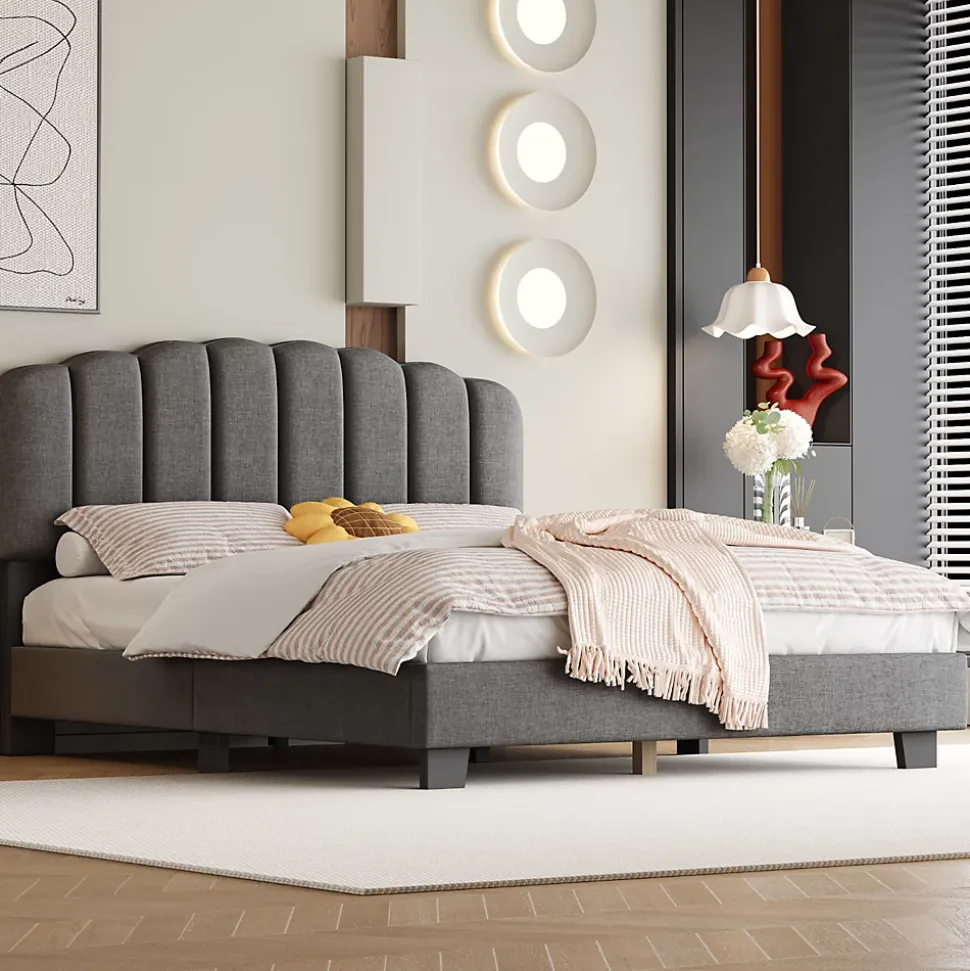 Lit Double 140x200 cm - Lit Classique avec Tête de Lit Réglable - Lin + MDF - Sans Matelas - Gris