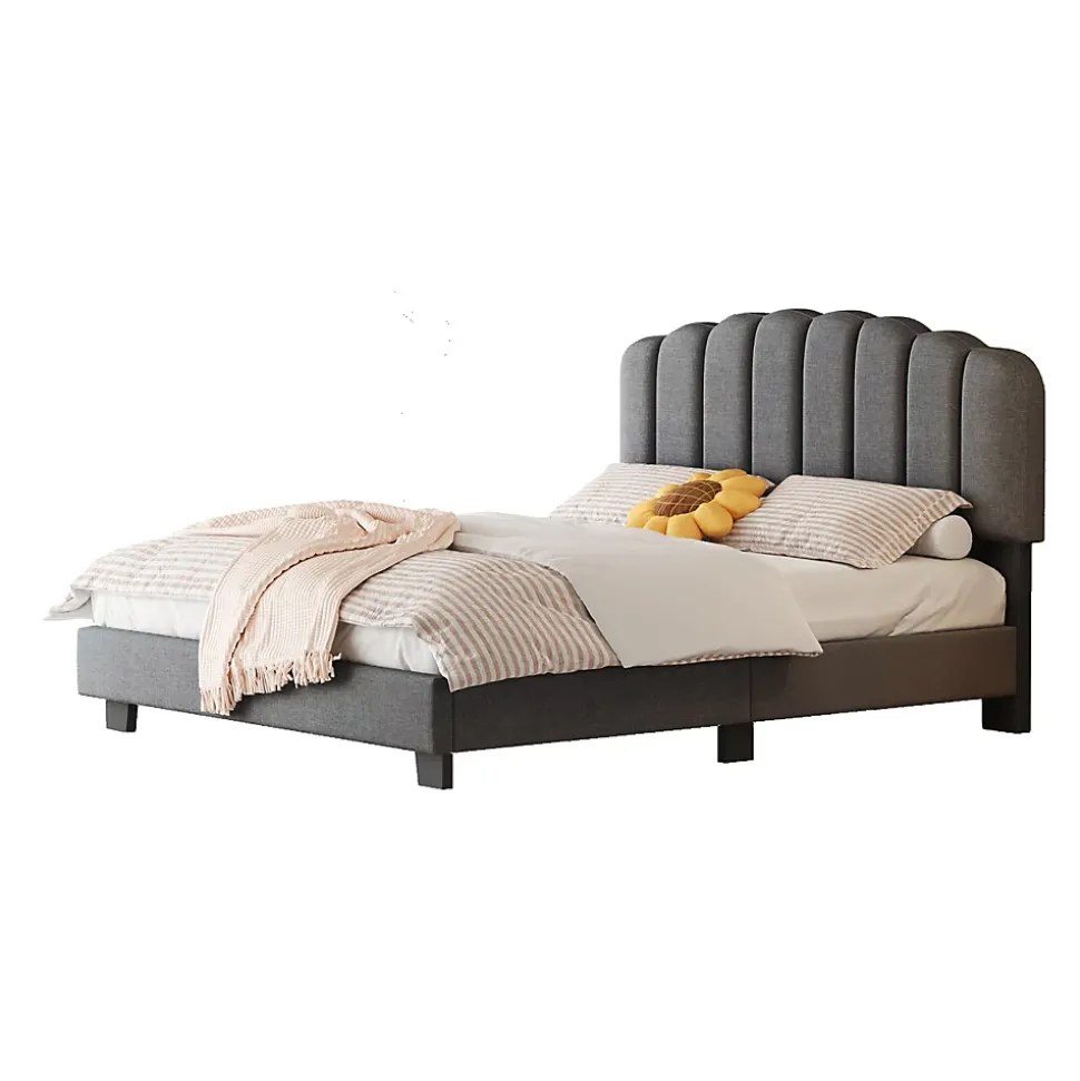 Lit Double 140x200 cm - Lit Classique avec Tête de Lit Réglable - Lin + MDF - Sans Matelas - Gris
