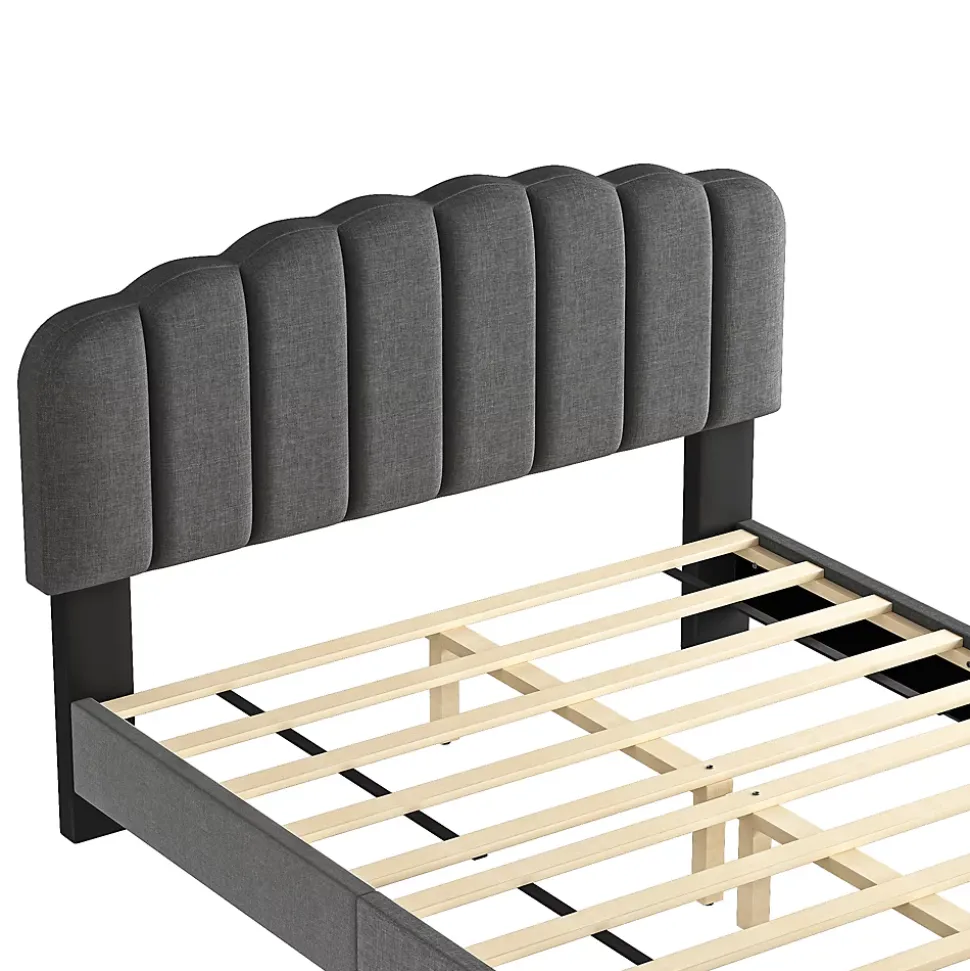 Lit Double 140x200 cm - Lit Classique avec Tête de Lit Réglable - Lin + MDF - Sans Matelas - Gris