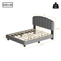 Lit Double 140x200 cm - Lit Classique avec Tête de Lit Réglable - Lin + MDF - Sans Matelas - Gris