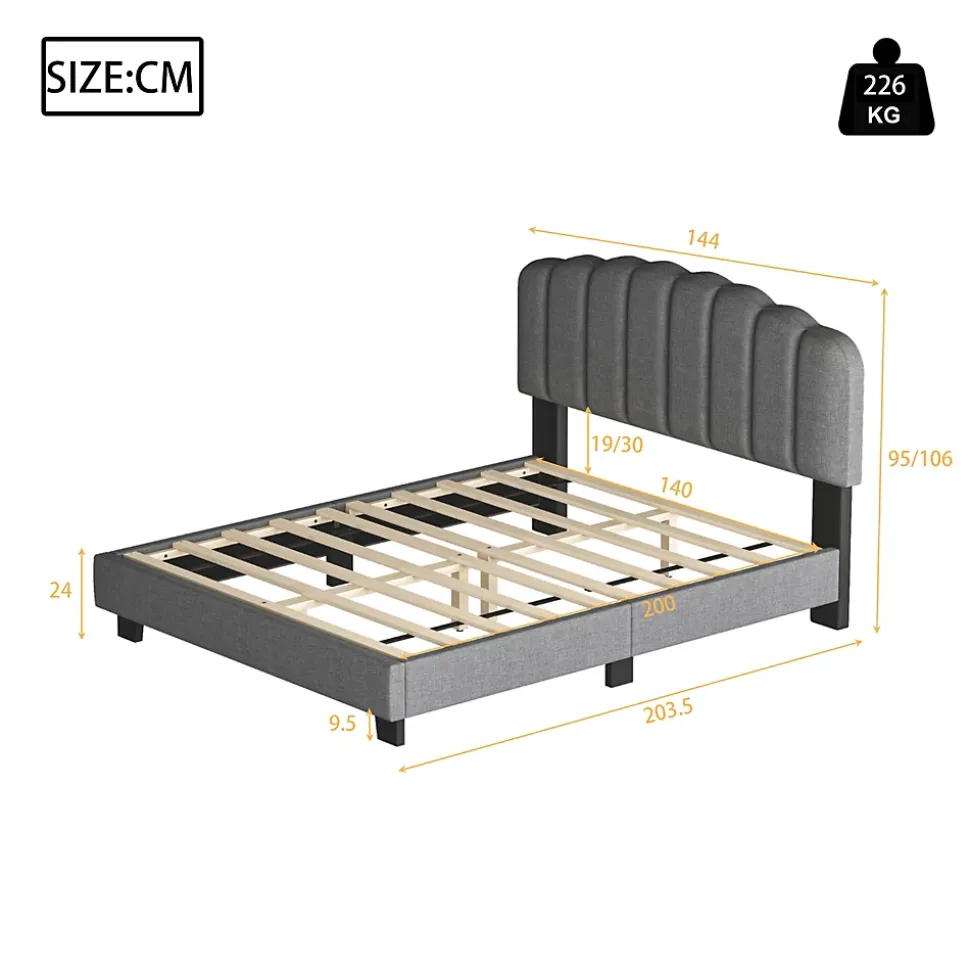 Lit Double 140x200 cm - Lit Classique avec Tête de Lit Réglable - Lin + MDF - Sans Matelas - Gris