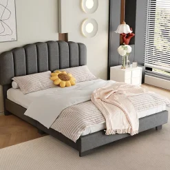 Lit Double 140x200 cm - Lit Classique avec Tête de Lit Réglable - Lin + MDF - Sans Matelas - Gris