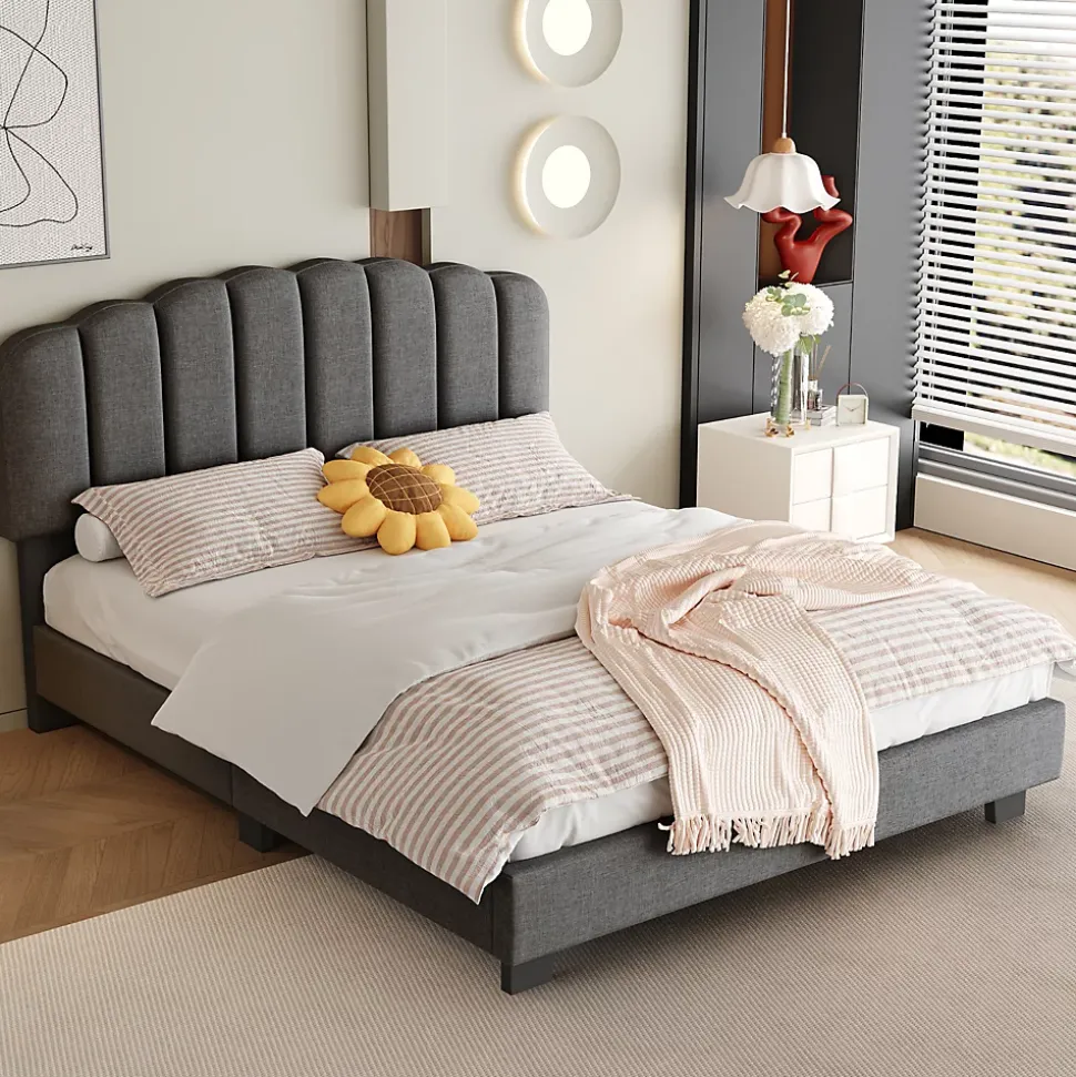 Lit Double 140x200 cm - Lit Classique avec Tête de Lit Réglable - Lin + MDF - Sans Matelas - Gris