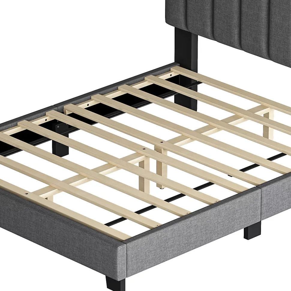 Lit Double 140x200 cm - Lit Classique avec Tête de Lit Réglable - Lin + MDF - Sans Matelas - Gris