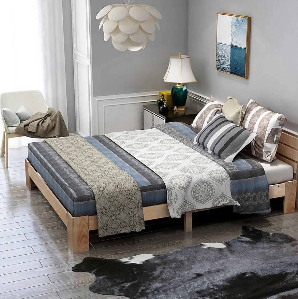 Lit Double 140x200 cm - Lit Double en Bois Massif avec Sommier Inclus, Style Minimaliste, Pin Naturel