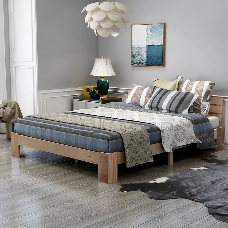 Lit Double 140x200 cm - Lit Double en Bois Massif avec Sommier Inclus, Style Minimaliste, Pin Naturel