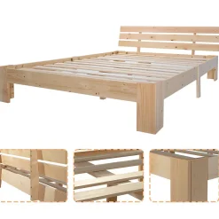 Lit Double 140x200 cm - Lit Double en Bois Massif avec Sommier Inclus, Style Minimaliste, Pin Naturel
