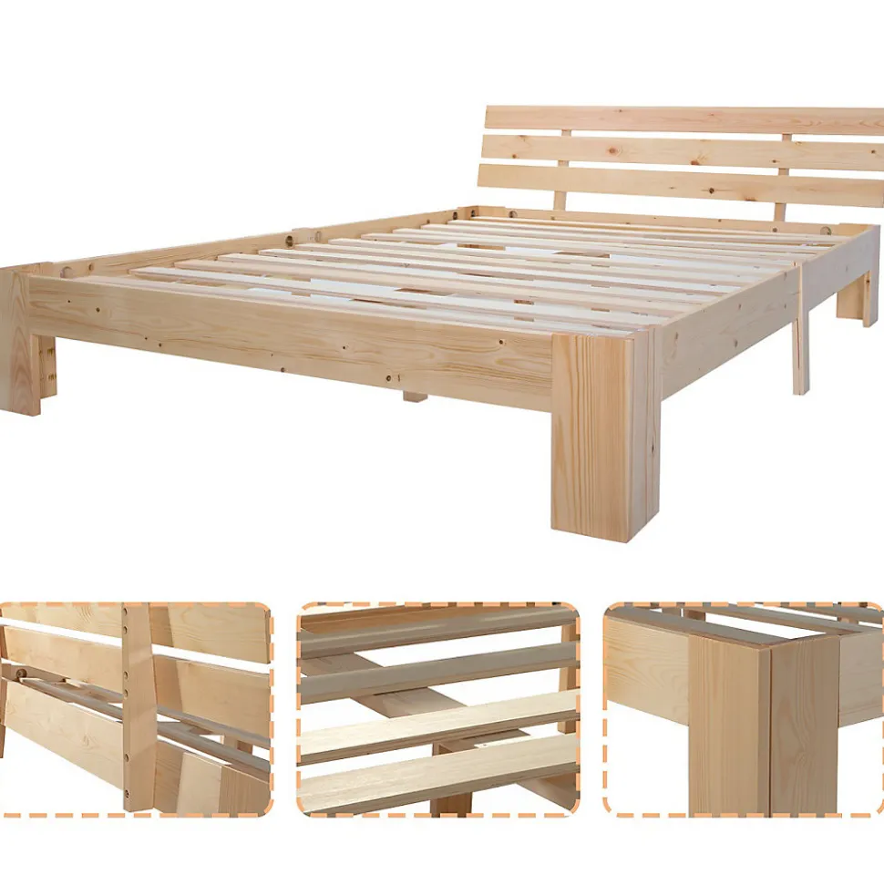 Lit Double 140x200 cm - Lit Double en Bois Massif avec Sommier Inclus, Style Minimaliste, Pin Naturel