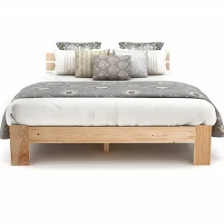 Lit Double 140x200 cm - Lit Double en Bois Massif avec Sommier Inclus, Style Minimaliste, Pin Naturel