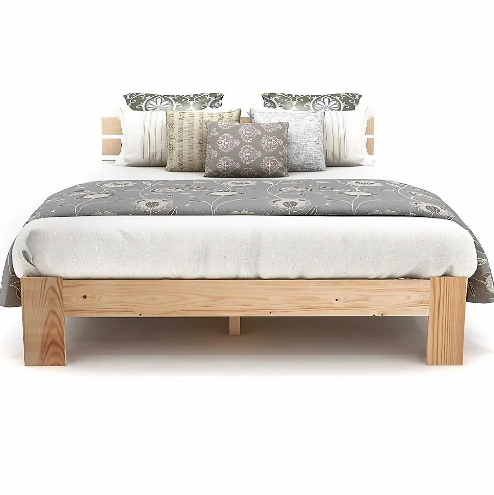 Lit Double 140x200 cm - Lit Double en Bois Massif avec Sommier Inclus, Style Minimaliste, Pin Naturel