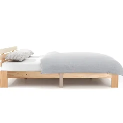 Lit Double 140x200 cm - Lit Double en Bois Massif avec Sommier Inclus, Style Minimaliste, Pin Naturel