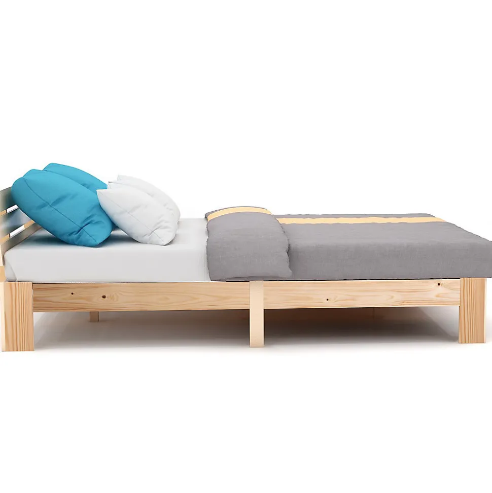 Lit Double 140x200 cm - Lit Double en Bois Massif avec Sommier Inclus, Style Minimaliste, Pin Naturel