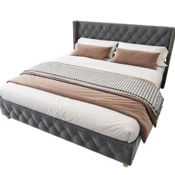 Lit Double 160x200 cm - Lit Double Rembourré avec Tête Boutonnée et Sommier - Velours - Sans Matelas - Gris