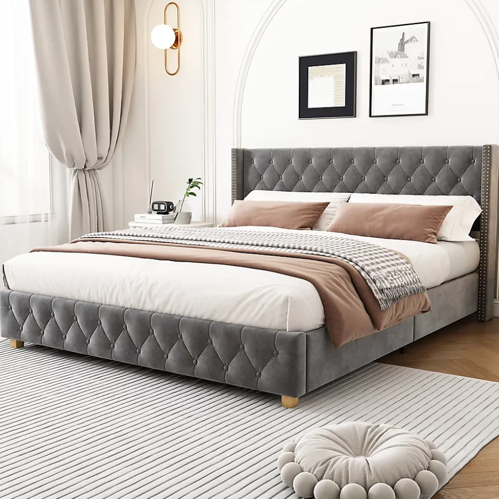 Lit Double 160x200 cm - Lit Double Rembourré avec Tête Boutonnée et Sommier - Velours - Sans Matelas - Gris