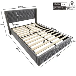 Lit Double 160x200 cm - Lit Double Rembourré avec Tête Boutonnée et Sommier - Velours - Sans Matelas - Gris