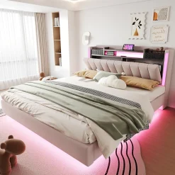 Lit Double 160x200 cm - Lit Double avec Rangement et USB, LED Intégrée, Lin Beige, Sans Matelas