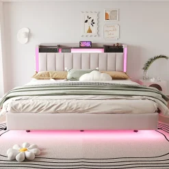 Lit Double 160x200 cm - Lit Double avec Rangement et USB, LED Intégrée, Lin Beige, Sans Matelas