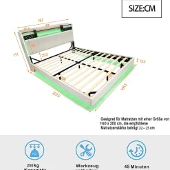 Lit Double 160x200 cm - Lit Double avec Rangement et USB, LED Intégrée, Lin Beige, Sans Matelas