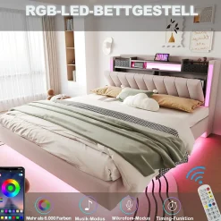 Lit Double 160x200 cm - Lit Double avec Rangement et USB, LED Intégrée, Lin Beige, Sans Matelas