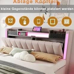 Lit Double 160x200 cm - Lit Double avec Rangement et USB, LED Intégrée, Lin Beige, Sans Matelas