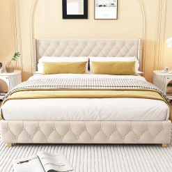Lit Double 180x200 cm - Lit Double Rembourré avec Tête de Lit Capitonnée - Velours - Sans Matelas - Beige