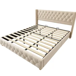 Lit Double 180x200 cm - Lit Double Rembourré avec Tête de Lit Capitonnée - Velours - Sans Matelas - Beige