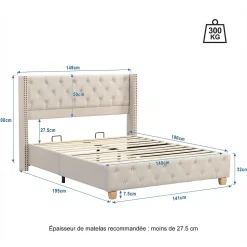 Lit Double 140x190 cm - Lit Double Rembourré avec Tête Capitonnée et Sommier à Lattes - Lin - Sans Matelas - Beige