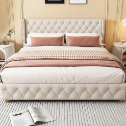 Lit Double 140x190 cm - Lit Double Rembourré avec Tête Capitonnée et Sommier à Lattes - Lin - Sans Matelas - Beige