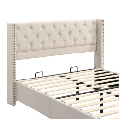 Lit Double 140x190 cm - Lit Double Rembourré avec Tête Capitonnée et Sommier à Lattes - Lin - Sans Matelas - Beige