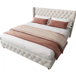 Lit Double 140x190 cm - Lit Double Rembourré avec Tête Capitonnée et Sommier à Lattes - Lin - Sans Matelas - Beige