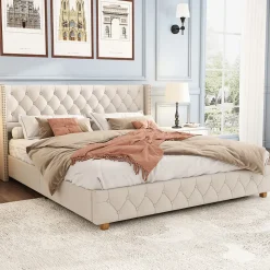 Lit Double 140x190 cm - Lit Double Rembourré avec Tête Capitonnée et Sommier à Lattes - Lin - Sans Matelas - Beige