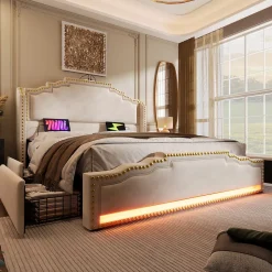 Lit double 140x200 cm - Lit double capitonné avec 4 Tiroirs, LED et USB-C, Rangement sous Matelas, Velours Beige, Matelas Inclus