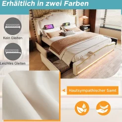 Lit double 140x200 cm - Lit double capitonné avec 4 Tiroirs, LED et USB-C, Rangement sous Matelas, Velours Beige, Matelas Inclus