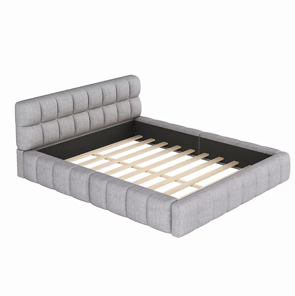 Lit Double 140x200 cm - Lit Double Ado Capitonné avec Tête de Lit et Sommier Inclus - Cadre en Lin Moderne - Sans Matelas - Gris