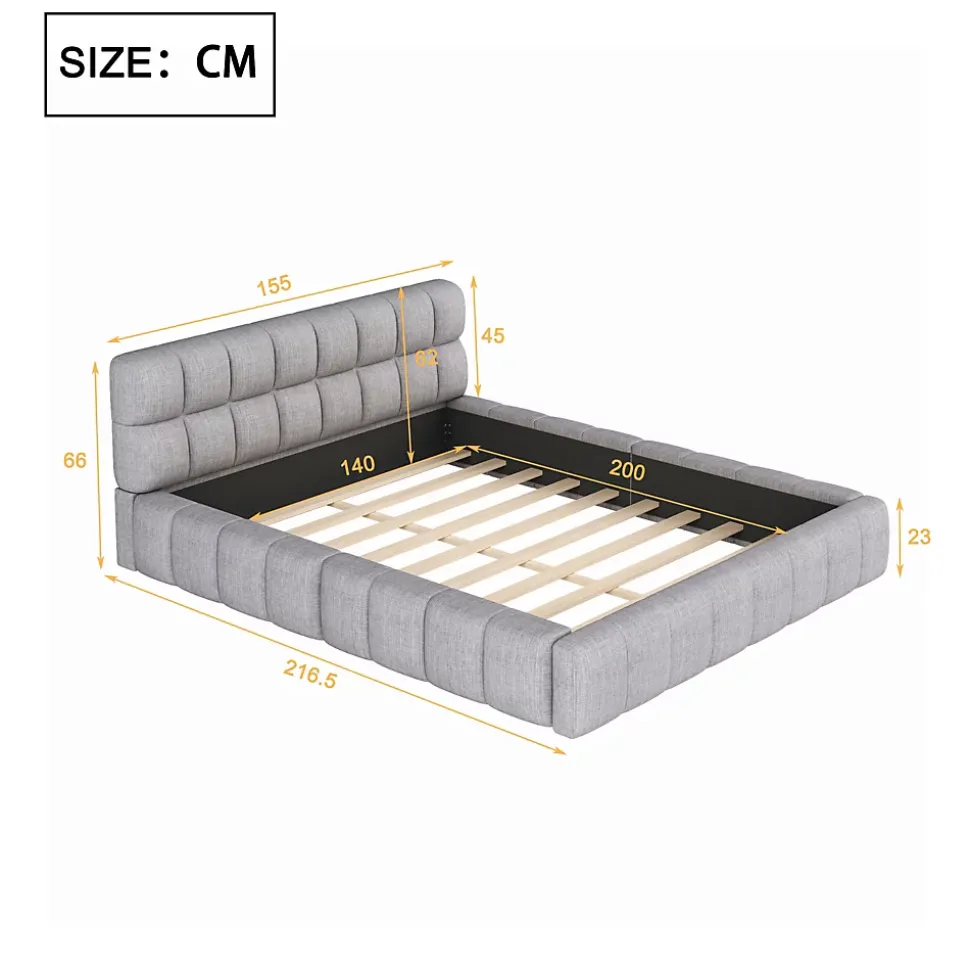 Lit Double 140x200 cm - Lit Double Ado Capitonné avec Tête de Lit et Sommier Inclus - Cadre en Lin Moderne - Sans Matelas - Gris