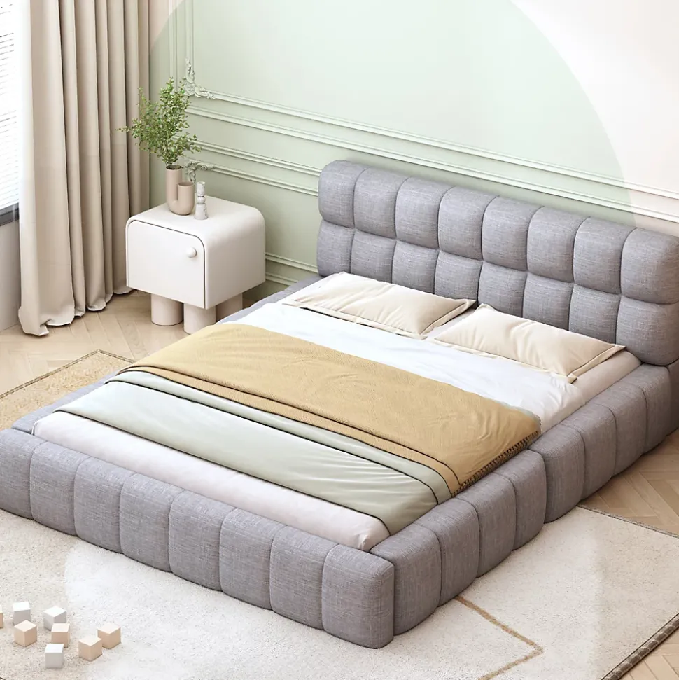 Lit Double 140x200 cm - Lit Double Ado Capitonné avec Tête de Lit et Sommier Inclus - Cadre en Lin Moderne - Sans Matelas - Gris