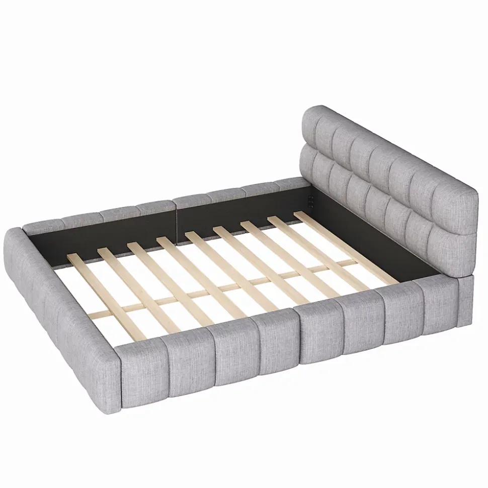 Lit Double 140x200 cm - Lit Double Ado Capitonné avec Tête de Lit et Sommier Inclus - Cadre en Lin Moderne - Sans Matelas - Gris