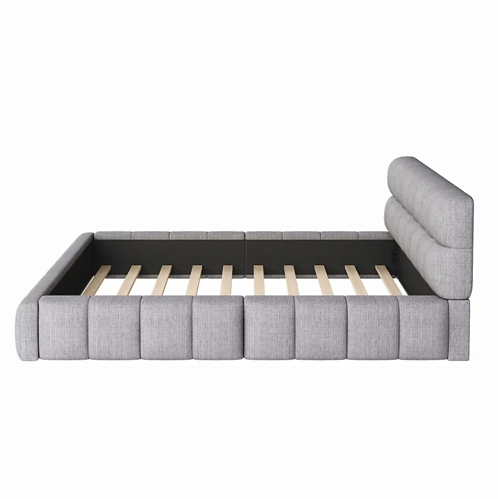Lit Double 140x200 cm - Lit Double Ado Capitonné avec Tête de Lit et Sommier Inclus - Cadre en Lin Moderne - Sans Matelas - Gris