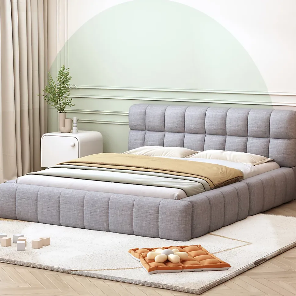 Lit Double 140x200 cm - Lit Double Ado Capitonné avec Tête de Lit et Sommier Inclus - Cadre en Lin Moderne - Sans Matelas - Gris