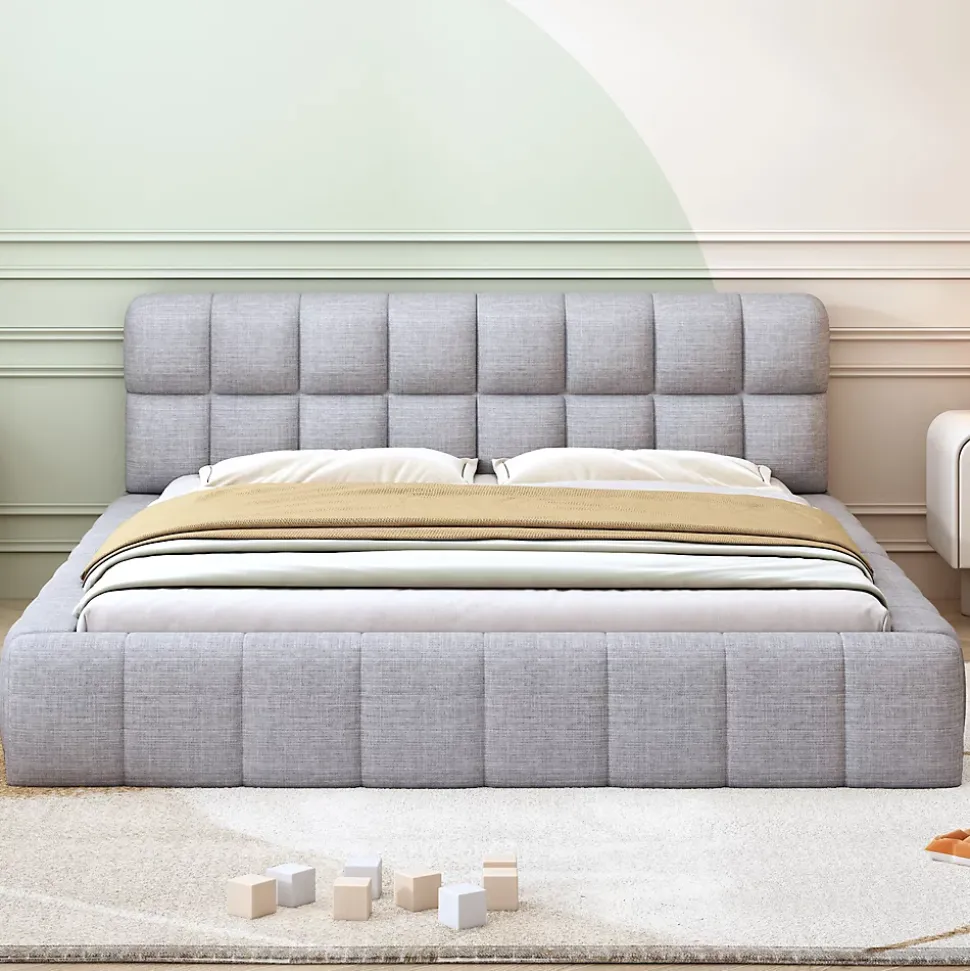 Lit Double 140x200 cm - Lit Double Ado Capitonné avec Tête de Lit et Sommier Inclus - Cadre en Lin Moderne - Sans Matelas - Gris