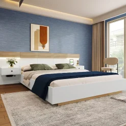 Lit double 140x200 cm - Lit en bois avec 2 tables de chevet et USB - Bois massif - Sans Matelas - Naturel