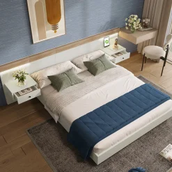 Lit double 160x200 cm - Lit en bois avec 2 tables de chevet et USB - Bois massif - Sans Matelas - Naturel