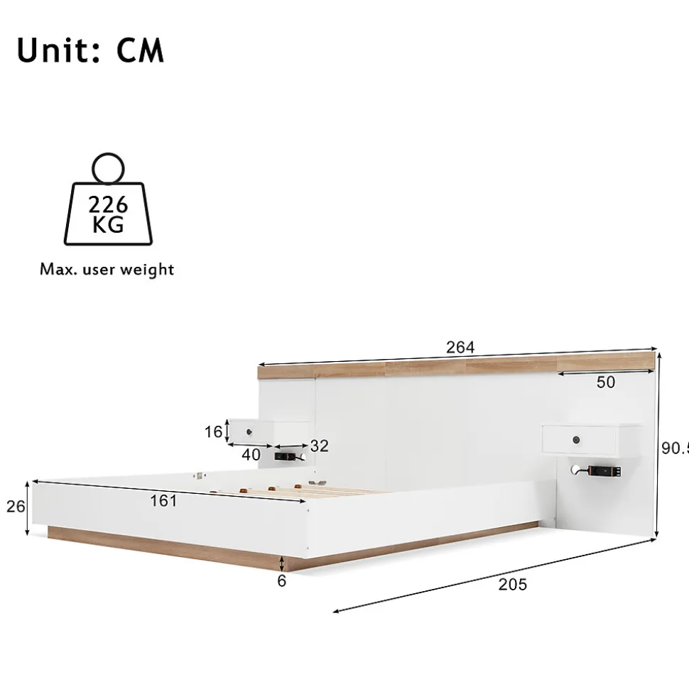 Lit double 160x200 cm - Lit en bois avec 2 tables de chevet et USB - Bois massif - Sans Matelas - Naturel