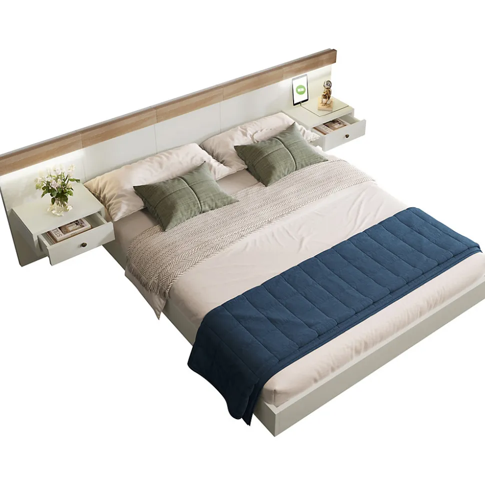 Lit double 160x200 cm - Lit en bois avec 2 tables de chevet et USB - Bois massif - Sans Matelas - Naturel