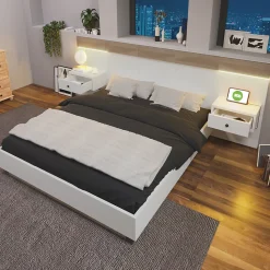 Lit double 180x200 cm - Lit en bois avec 2 tables de chevet et USB - Bois massif - Sans Matelas - Naturel