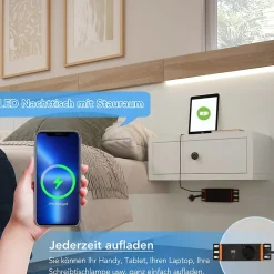 Lit double 180x200 cm - Lit en bois avec 2 tables de chevet et USB - Bois massif - Sans Matelas - Naturel